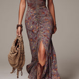 Fern - Pleated Floral Maxi Dress in Grey Purple