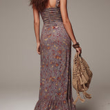 Fern - Pleated Floral Maxi Dress in Grey Purple