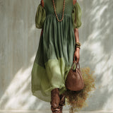 Evelyn - Green Midi Chiffon Dress with Off-the-Shoulder Design