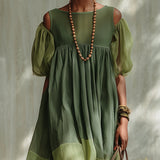 Evelyn - Green Midi Chiffon Dress with Off-the-Shoulder Design