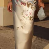 Jasmine - Midi Satin Dress with Floral Print and Off-Shoulder Design