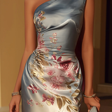 Jasmine - Midi Satin Dress with Floral Print and Off-Shoulder Design