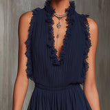 Olive - Pleated Chiffon Jumpsuit with Ruffles and Navy Lace