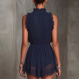 Olive - Pleated Chiffon Jumpsuit with Ruffles and Navy Lace