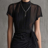 Juliet - Black Chiffon Mini Dress with Pleated Waist