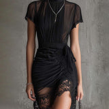 Juliet - Black Chiffon Mini Dress with Pleated Waist