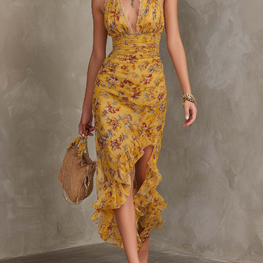 Emma - Ginger Yellow Floral Halter Neck Fitted Waist Chiffon Midi Dress