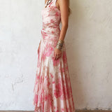 Kate - Pink Floral Chiffon Pleated Print Sleeveless Midi Dress