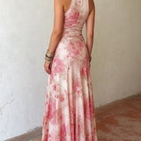 Kate - Pink Floral Chiffon Pleated Print Sleeveless Midi Dress