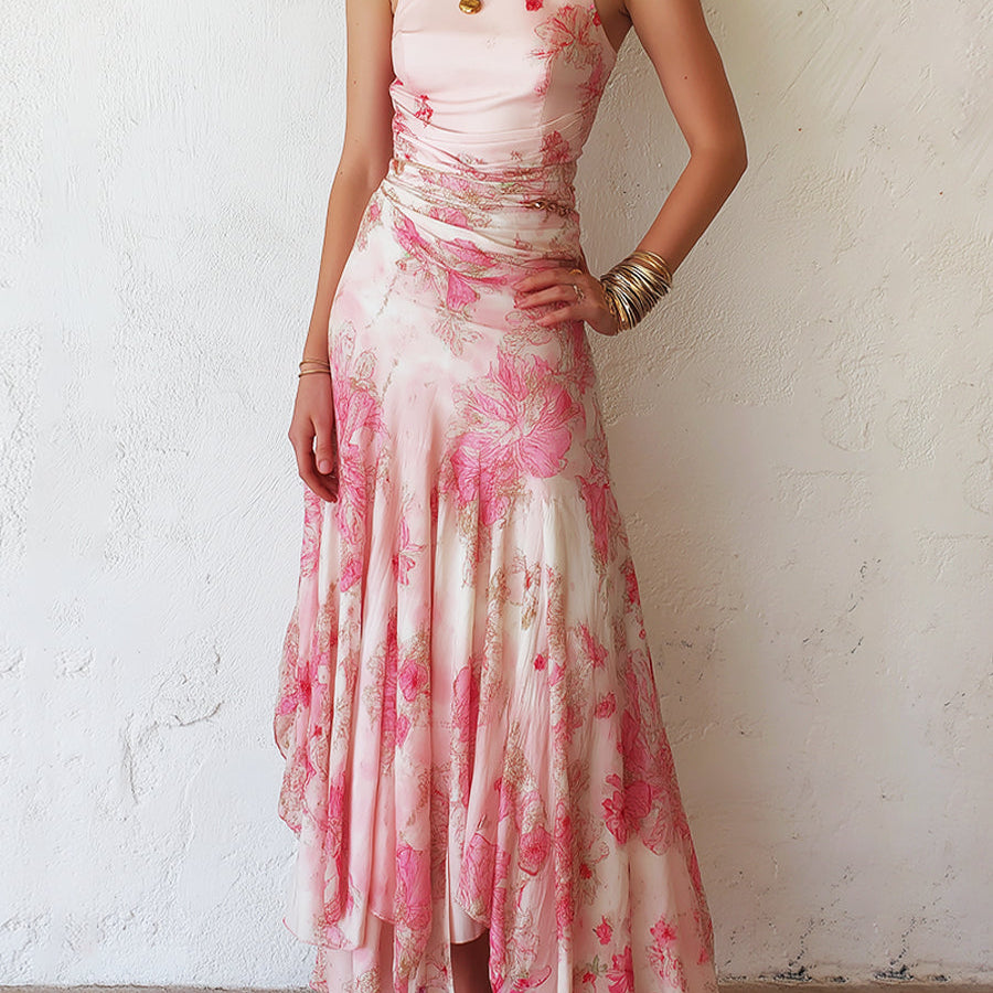 Kate - Pink Floral Chiffon Pleated Print Sleeveless Midi Dress