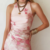 Kate - Pink Floral Chiffon Pleated Print Sleeveless Midi Dress