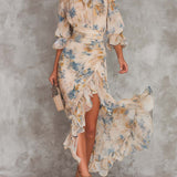 Chloe - Irregular Maxi Chiffon Dress with Floral Print