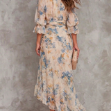 Chloe - Irregular Maxi Chiffon Dress with Floral Print