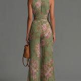 Erin - Floral Green Sleeveless Chiffon Jumpsuit with Zip