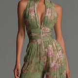 Erin - Floral Green Sleeveless Chiffon Jumpsuit with Zip
