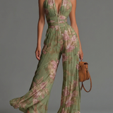 Erin - Floral Green Sleeveless Chiffon Jumpsuit with Zip