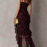 Bridget - Chic Black and Red Dress with Flowers and Ruffles