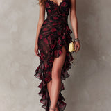 Bridget - Chic Black and Red Dress with Flowers and Ruffles