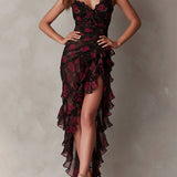 Bridget - Chic Black and Red Dress with Flowers and Ruffles