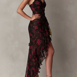 Bridget - Chic Black and Red Dress with Flowers and Ruffles
