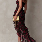 Bridget - Chic Black and Red Dress with Flowers and Ruffles