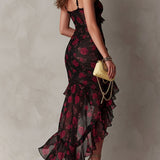 Bridget - Chic Black and Red Dress with Flowers and Ruffles