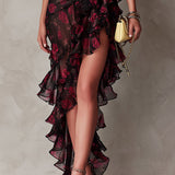 Bridget - Chic Black and Red Dress with Flowers and Ruffles