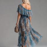 Willow - Long Chiffon Dress with Leopard Print and Bare Shoulders