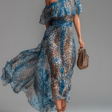 Willow - Long Chiffon Dress with Leopard Print and Bare Shoulders