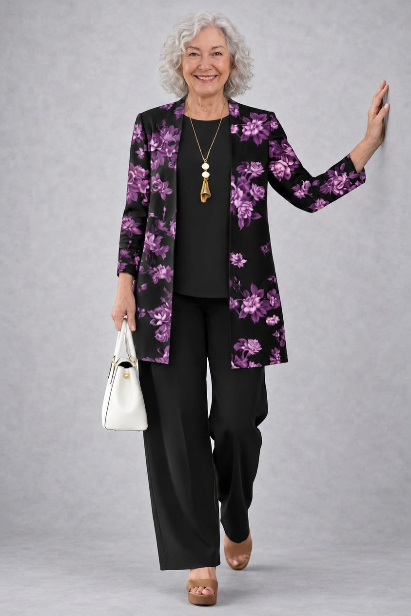Deborah purple & black three-piece set, front view