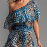 Willow - Long Chiffon Dress with Leopard Print and Bare Shoulders