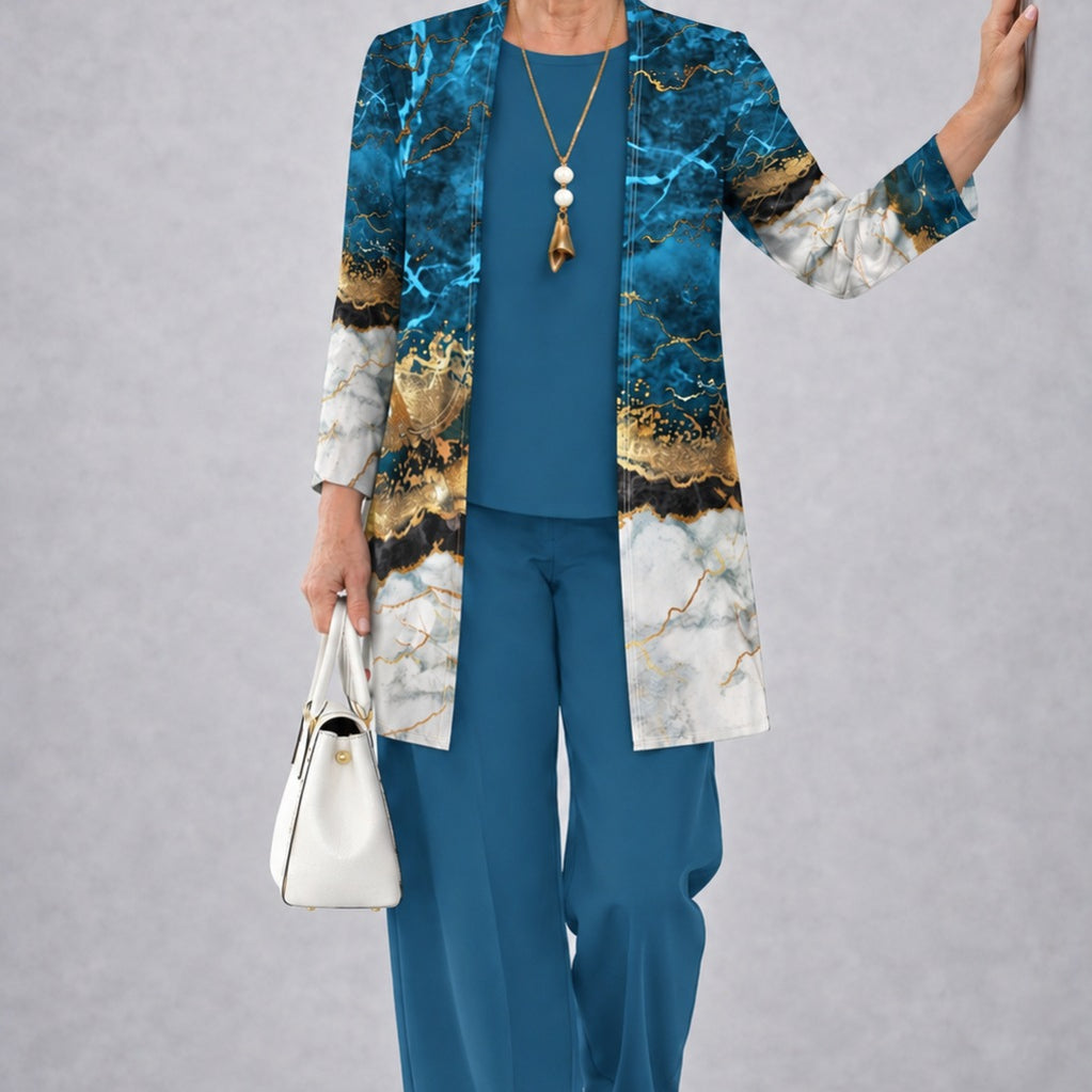 Fiona teal blue three-piece set, front view
