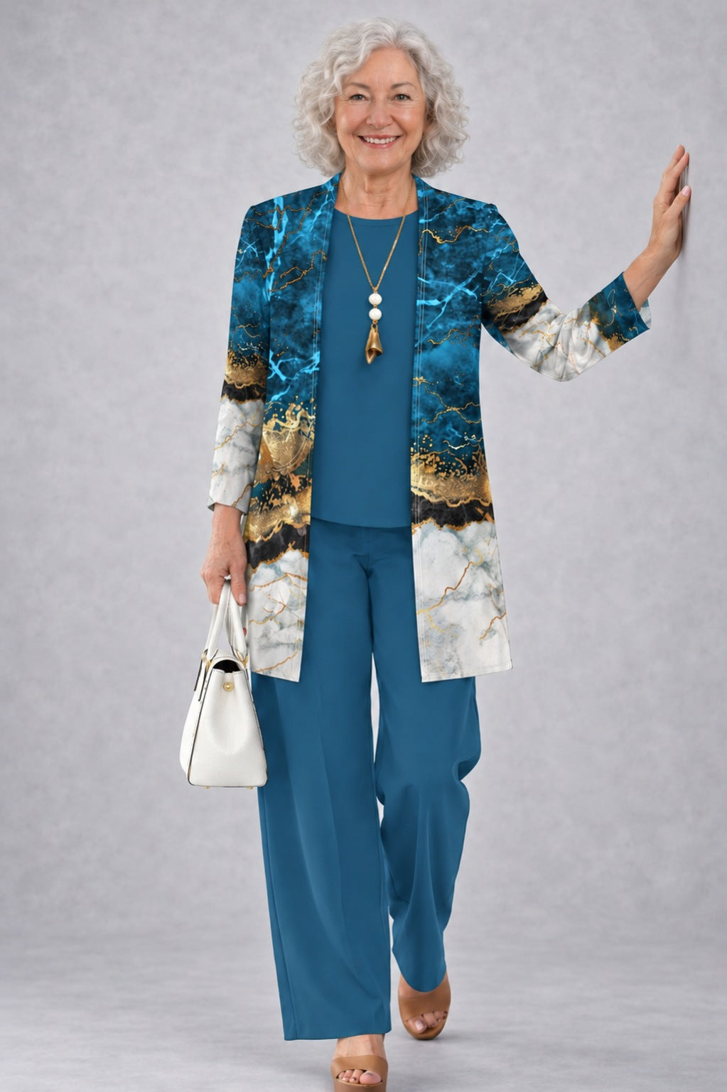 Fiona teal blue three-piece set, front view