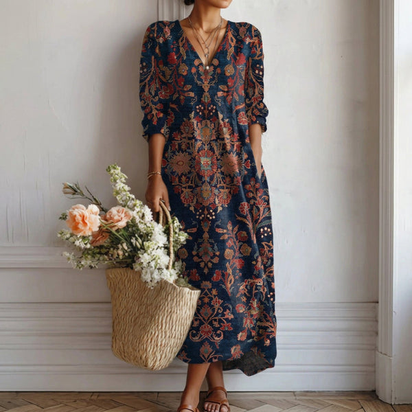 Leanne - Navy Dress with Rust Folk Florals