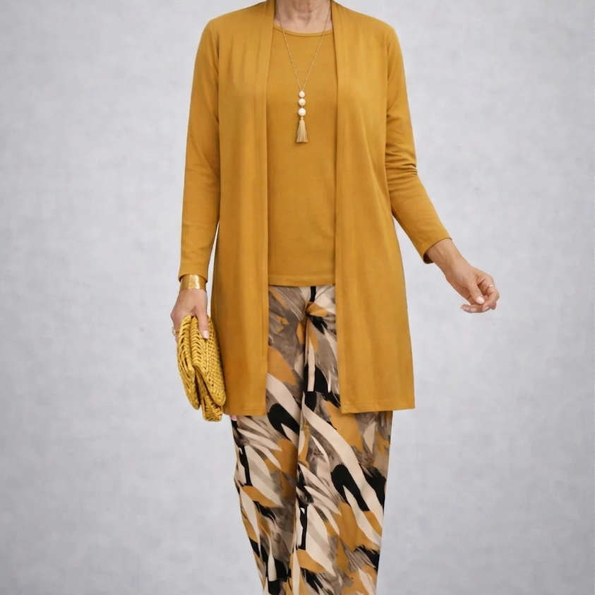 Megan mustard yellow three-piece set, front view