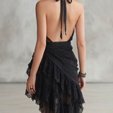 Naomi - Black Lace Mini Dress with Halter Neck and Ruffles