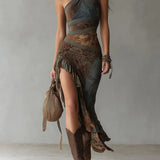 Maria - Asymmetrical Long Dress with Ethnic Print and Side Slit