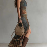 Maria - Asymmetrical Long Dress with Ethnic Print and Side Slit