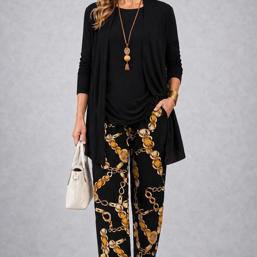 Jacqueline black & gold three-piece set, front view