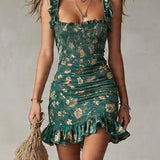 Imogen - Bohemian Green Printed Mini Dress with Ruffles