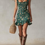 Imogen - Bohemian Green Printed Mini Dress with Ruffles