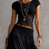 Elise - Transparent Black Lace Top and Maxi Pleated Skirt Set
