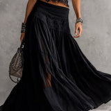Elise - Transparent Black Lace Top and Maxi Pleated Skirt Set