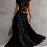 Elise - Transparent Black Lace Top and Maxi Pleated Skirt Set