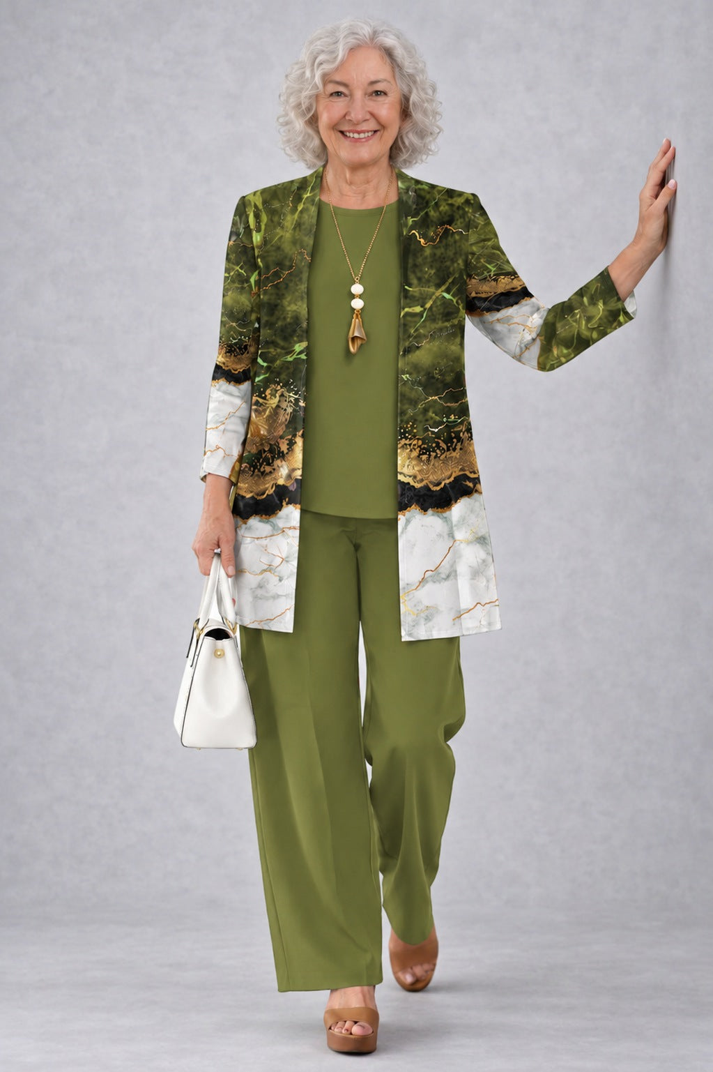 Margaret olive green three-piece set, front view