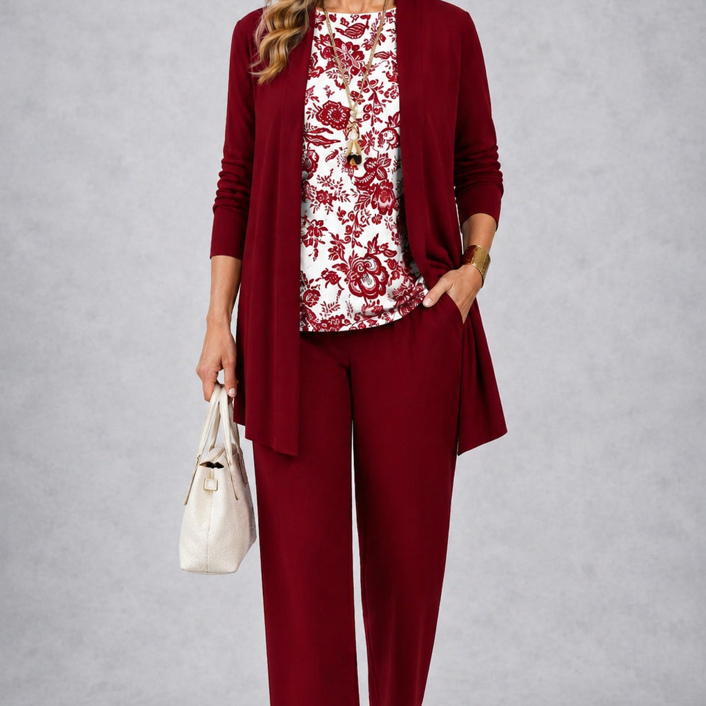 Michelle deep red three-piece set, front view