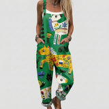 Kristie - Green Overalls with Folk Animal Print