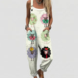 Katie - White Overalls with Cartoon Sheep Print