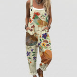 Karina - Cream Overalls with Folk Hen Print