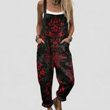 Julie - Black Overalls with Red Damask Print